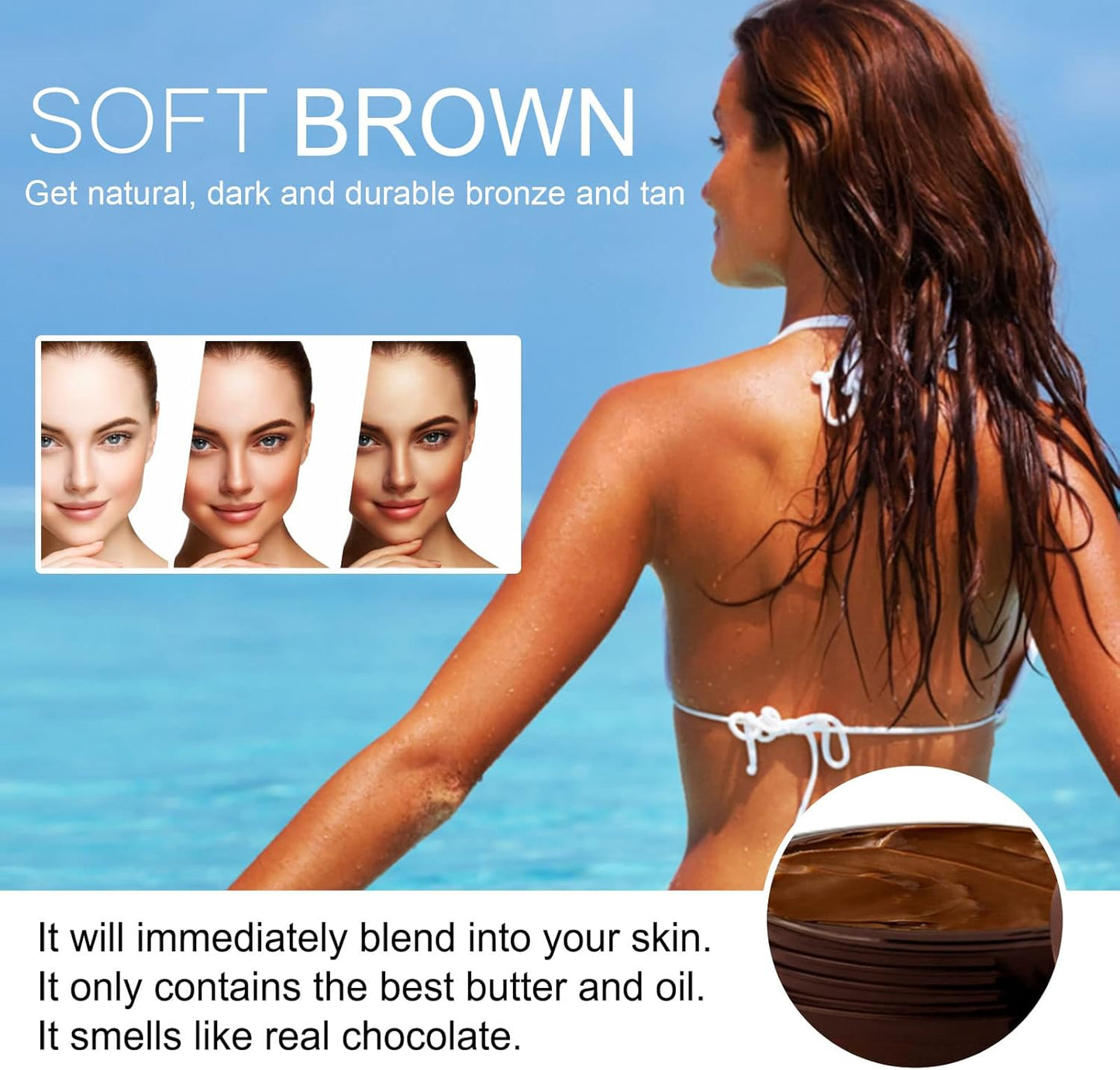 "Woman tanning by poolside using Soft & Bronze outdoor tanning gel"