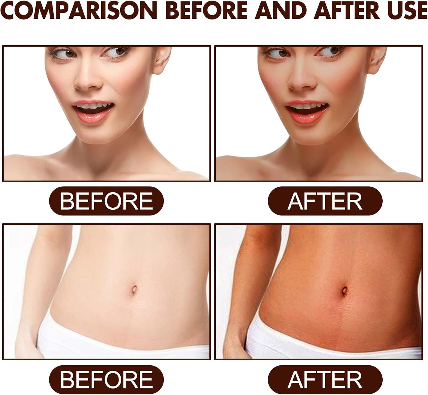 "Smiling woman with natural sun tan from Soft & Bronze tanning gel"