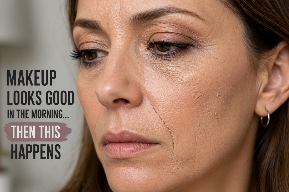 Close-up of makeup settling into fine lines and wrinkles showing cakey foundation and uneven skin texture after a few hours