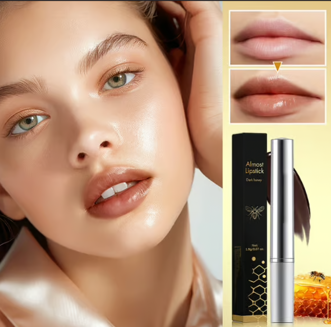 Dark Honey Lipstick in luxurious tube, perfect for all skin tones with a hydrating sheer finish.