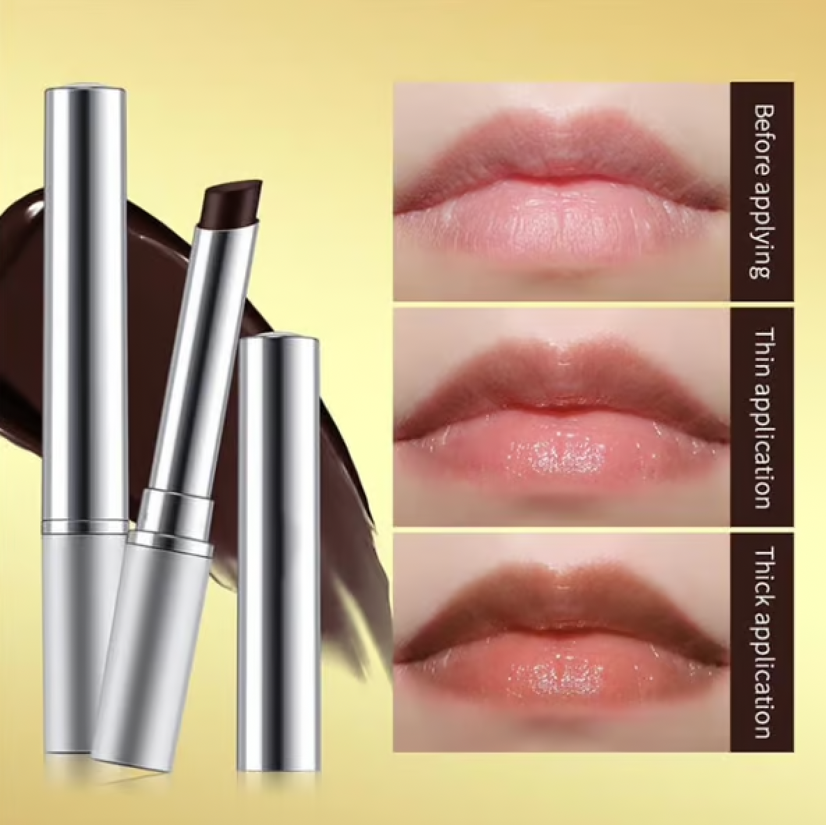 Close-up lipstick swatch showing lightweight balm texture with a glossy honey hue.