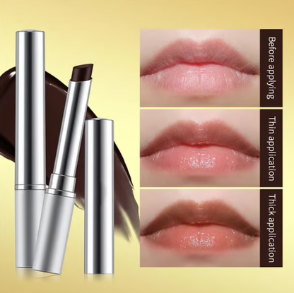 Close-up lipstick swatch showing lightweight balm texture with a glossy honey hue.