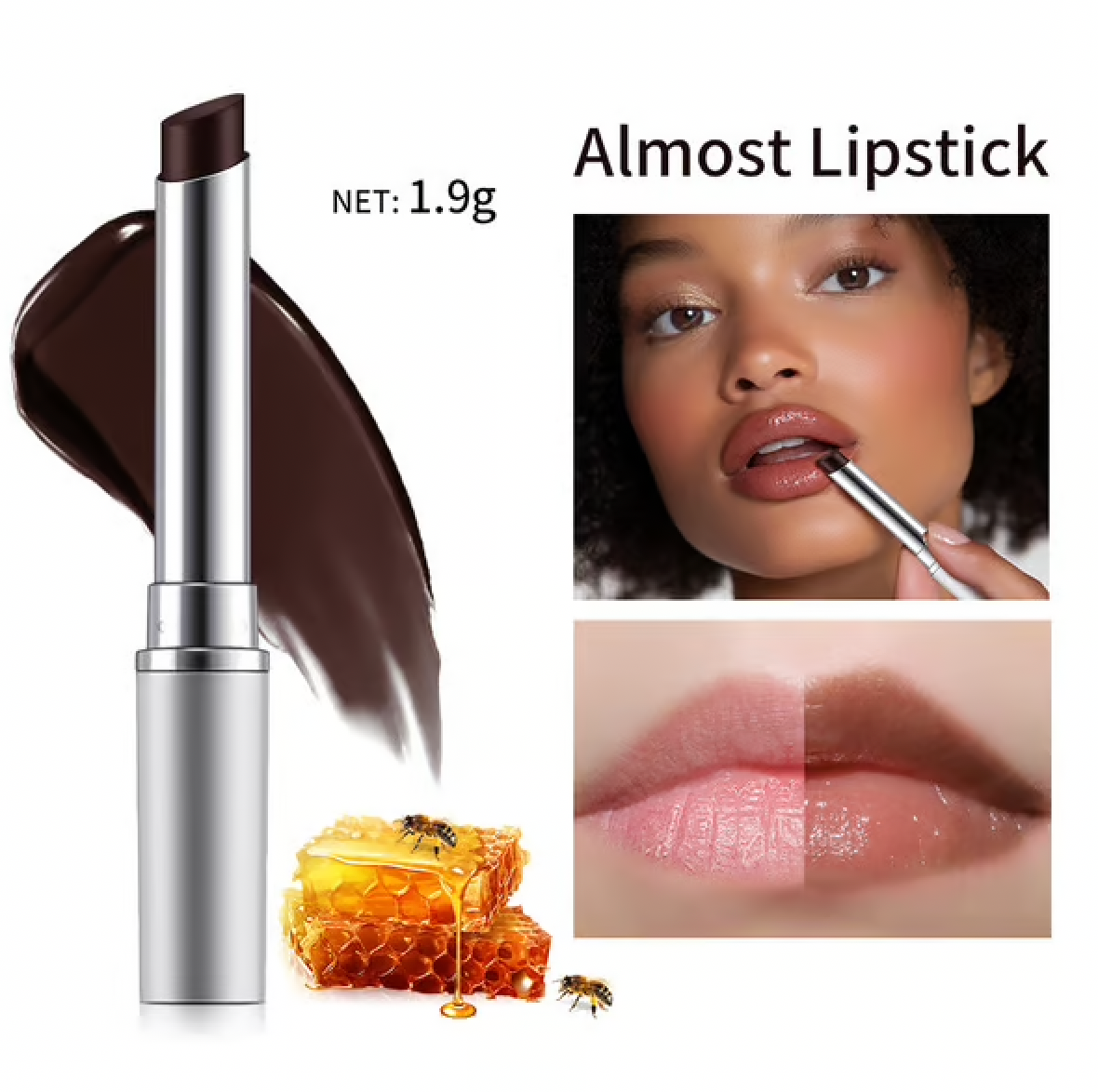 Before and after using Dark Honey Lipstick, showing natural lip enhancement and hydration.