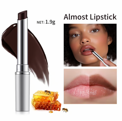 Before and after using Dark Honey Lipstick, showing natural lip enhancement and hydration.