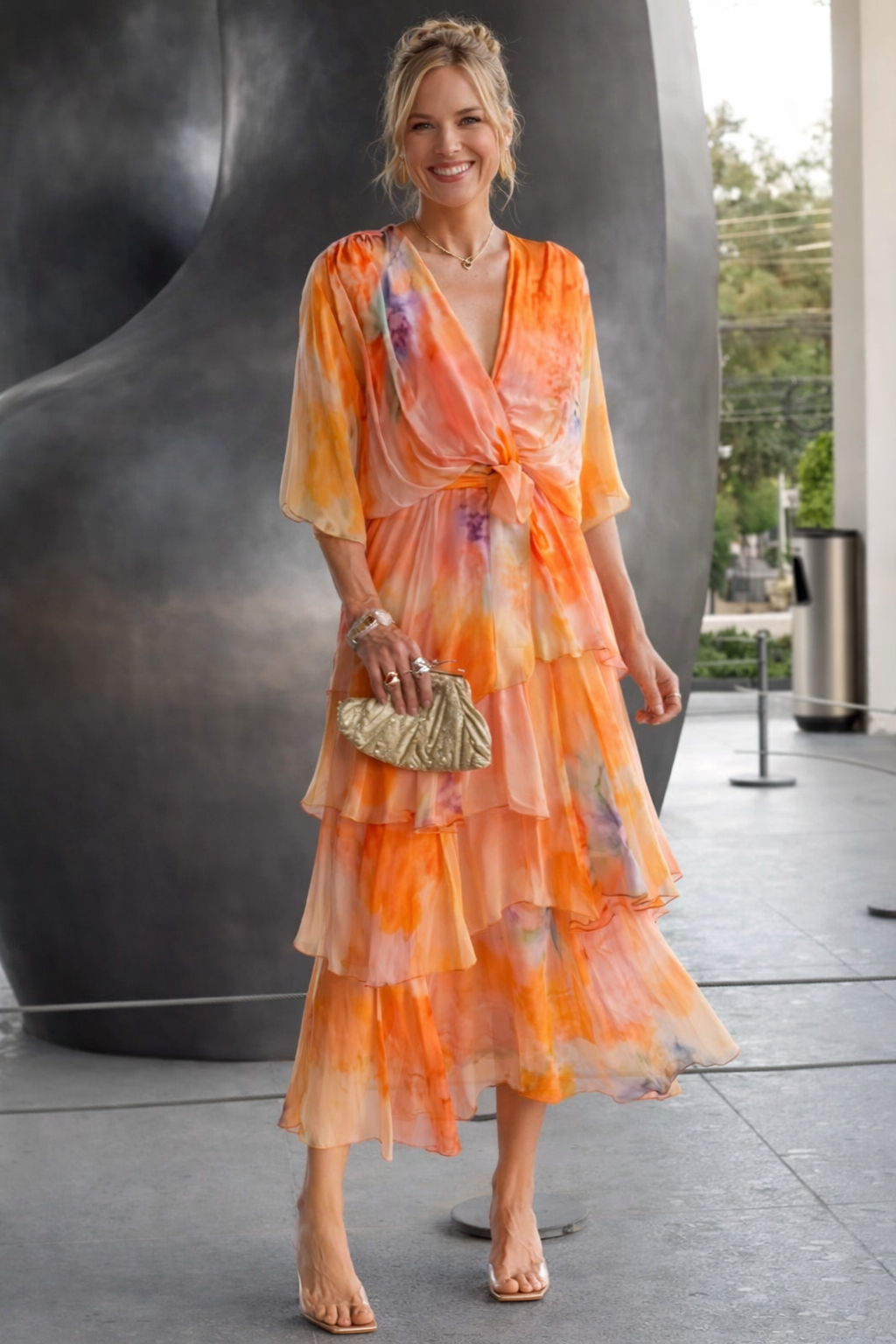 Chic Everyday Dress colors available in blue, orange, and pink watercolor print maxi dress.