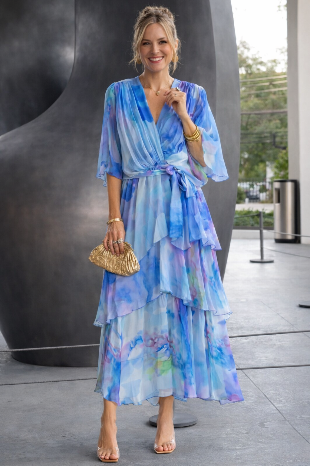 Wrap V-neck Chic Everyday Dress with kimono sleeves and tiered maxi skirt for elegant movement.