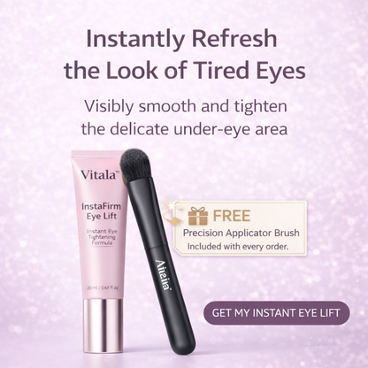 Vitala InstaFirm Eye Lift cream with precision applicator brush on soft pink background, designed to refresh and smooth the look of tired under-eye skin
