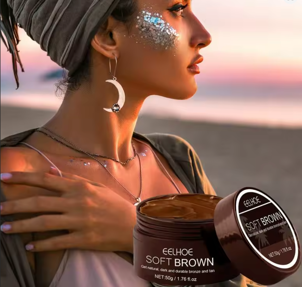 "Smiling woman with natural sun tan from Soft & Bronze tanning gel"